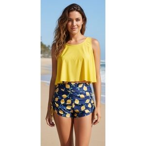 Shein Lemon Print Hanky Hem  2 piece Swimsuit Golden Yellow & Navy Size 0XL